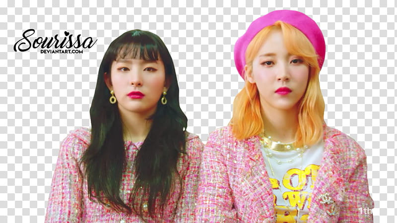 MOONBYUL AND SEULGI, two women in pink blazers with poker faces transparent background PNG clipart