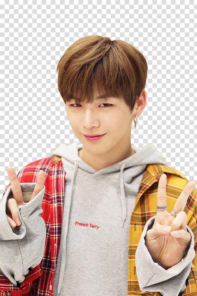 Mandy Kang Daniel wearing gray pullover hoodie smiling while making peace hand sign transparent background PNG clipart