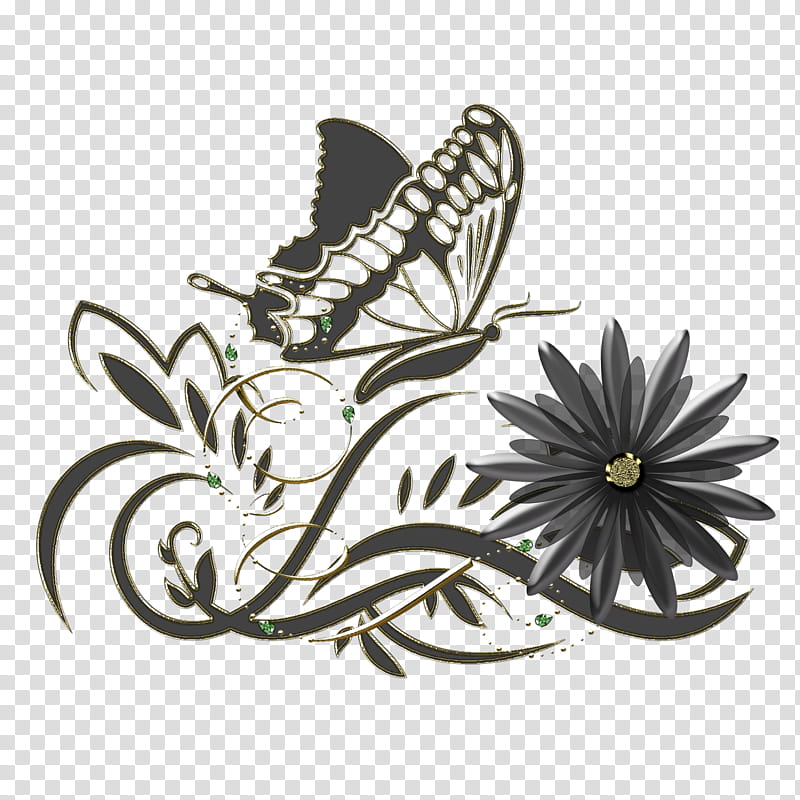 Graceful decorative embellishm, gray butterfly and petaled-flower art transparent background PNG clipart
