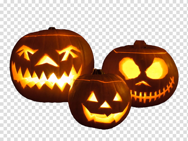 Halloween, three orange Jack-o'-Lanterns transparent background PNG clipart