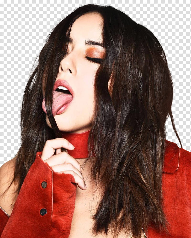 Chloe Bennet, woman in red suede top showing her tongue transparent background PNG clipart