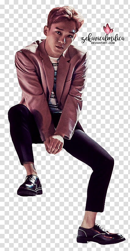 EXO Chen Countdown, sitting man wearing brown suit jacket and black pants transparent background PNG clipart