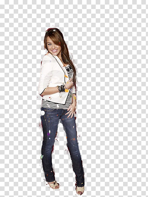 Miley Cyrus , woman wearing white jacket and blue denim jeans outfit transparent background PNG clipart