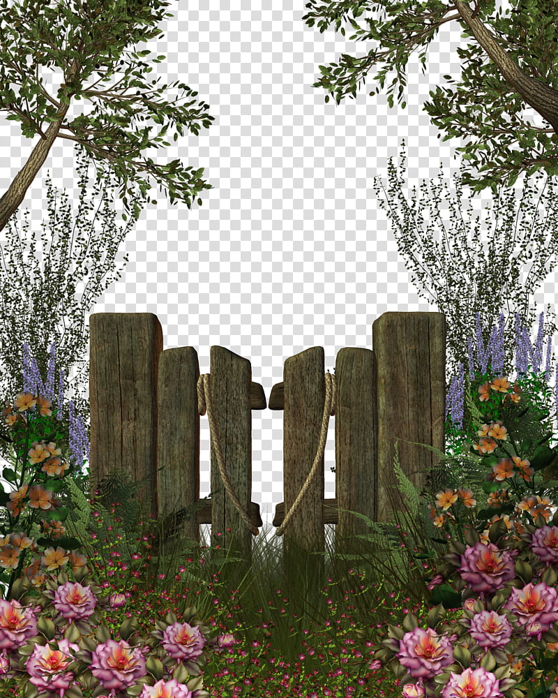 bushes and roses , pink and yellow flowers beside wooden gate transparent background PNG clipart