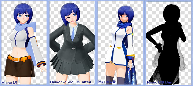 Mayday Kaiko ver, female blue hair anime character wears three different clothes collage transparent background PNG clipart