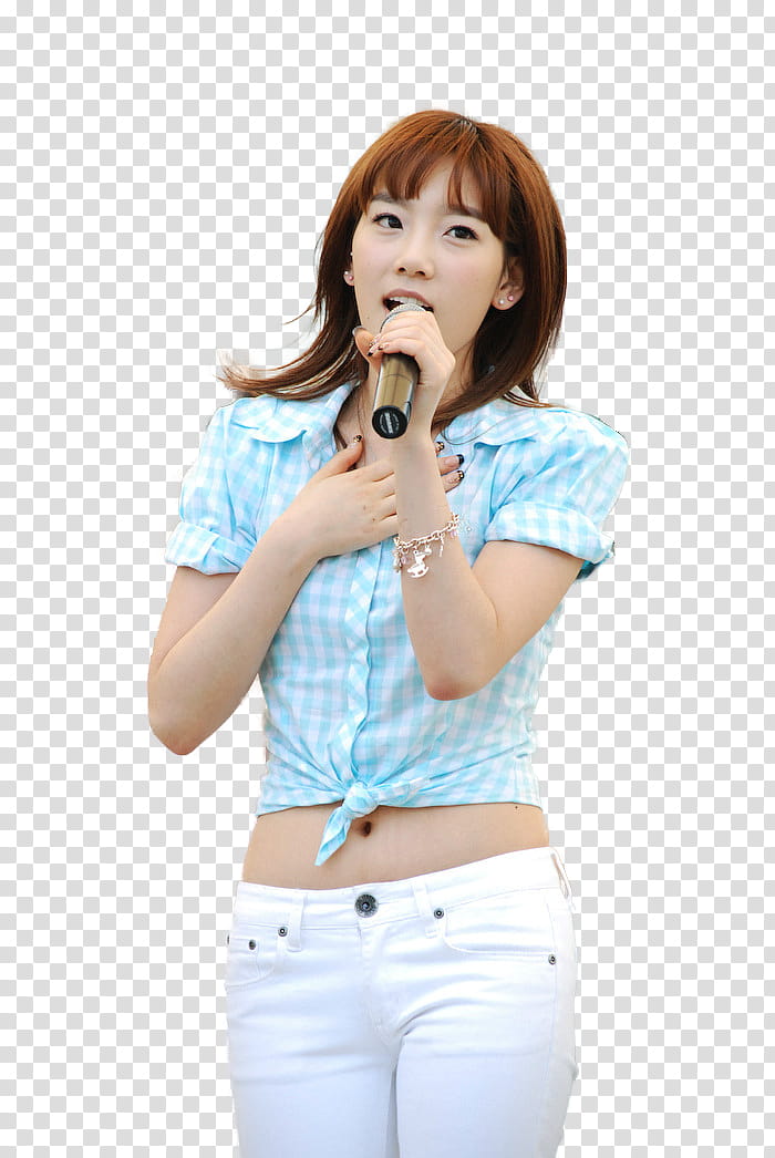 SNSD GEE LIVE  RENDER, woman wearing blue and white checked shirt holding microphone transparent background PNG clipart