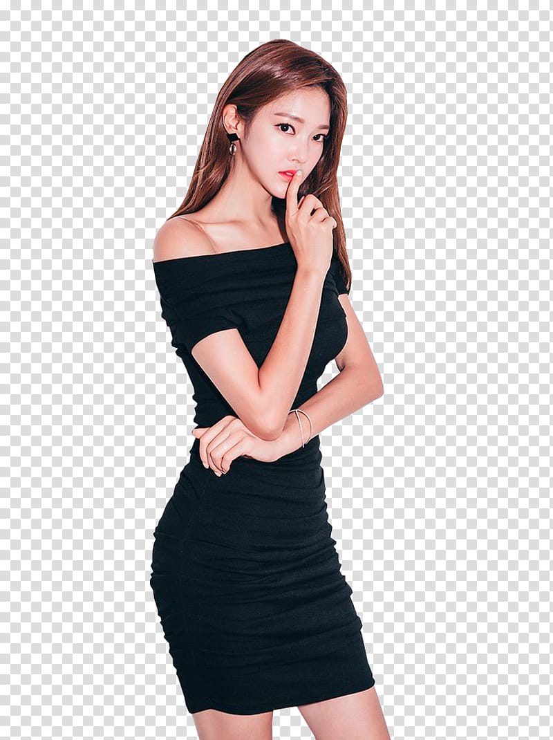 PARK JUNG YOON, woman wearing black off-shoulder mini dress doing silence gesture transparent background PNG clipart