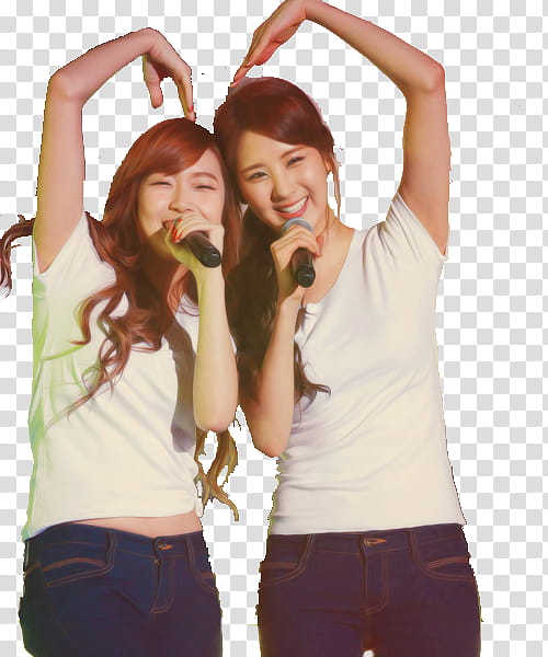 Seosic, two women forming heart hands over head while holding microphones transparent background PNG clipart