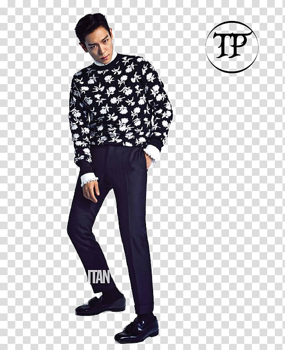 Bigbang Choi Seung hyun T O P, standing man in black and white floral sweater transparent background PNG clipart