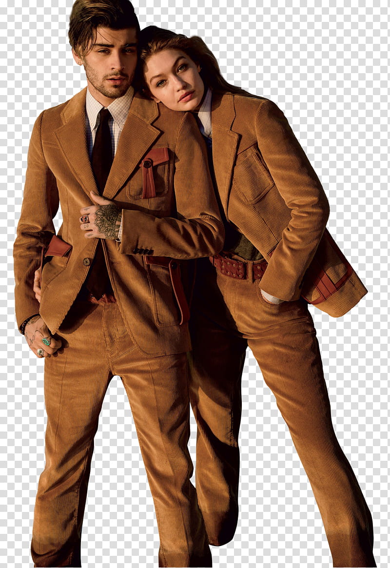 Zayn Malik Gigi Hadid, standing man and woman in brown suit jackets and dress pants transparent background PNG clipart