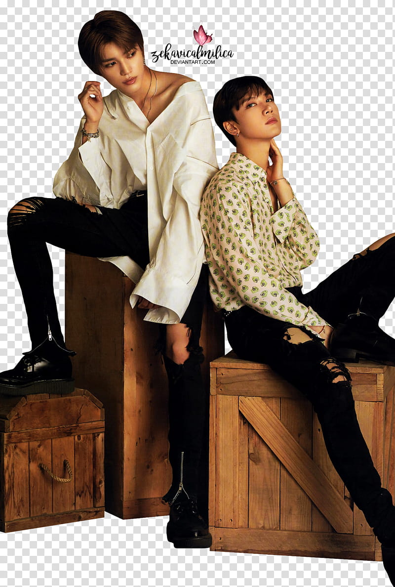 NCT Taeten SUDSAPDA, two men sitting on brown wooden boxes transparent background PNG clipart