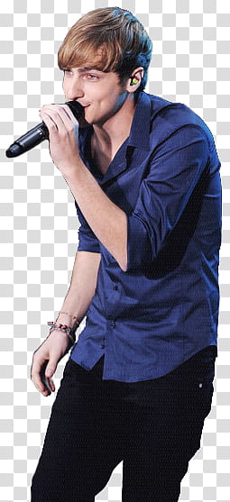 Kendall Schmidt , man wearing blue dress shirt while holding microphone and sing transparent background PNG clipart