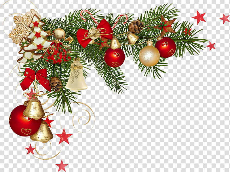 Navidad, baubles and green artificial pine tree leaves decor transparent background PNG clipart