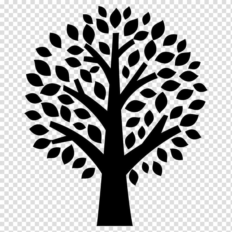 leaf tree black-and-white plant line, Broadleaf Tree, Cartoon Tree, Blackandwhite, Branch, Stencil, Plant Stem transparent background PNG clipart