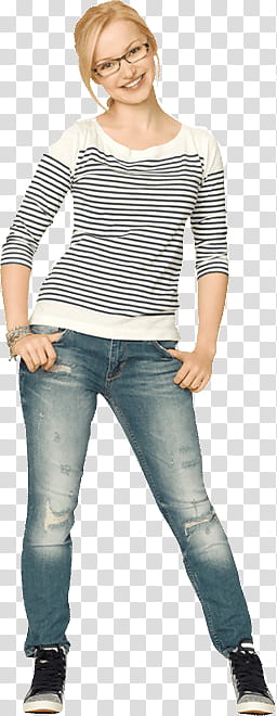 Liv y Maddie, woman wearing black and white striped sweatshirt and blue denim fitted jeans transparent background PNG clipart