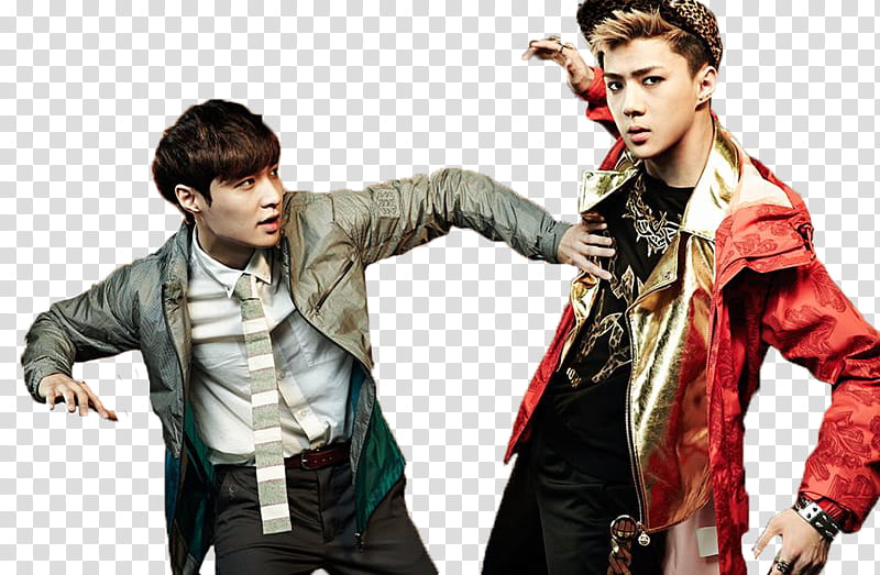 EXO KOLON SPORT Ver, two men wearing red and gray leather jackets transparent background PNG clipart