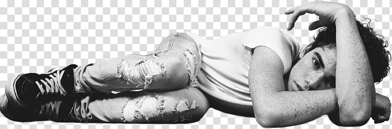 Cameron Boyce, grayscale of laying down man with bent knees transparent background PNG clipart
