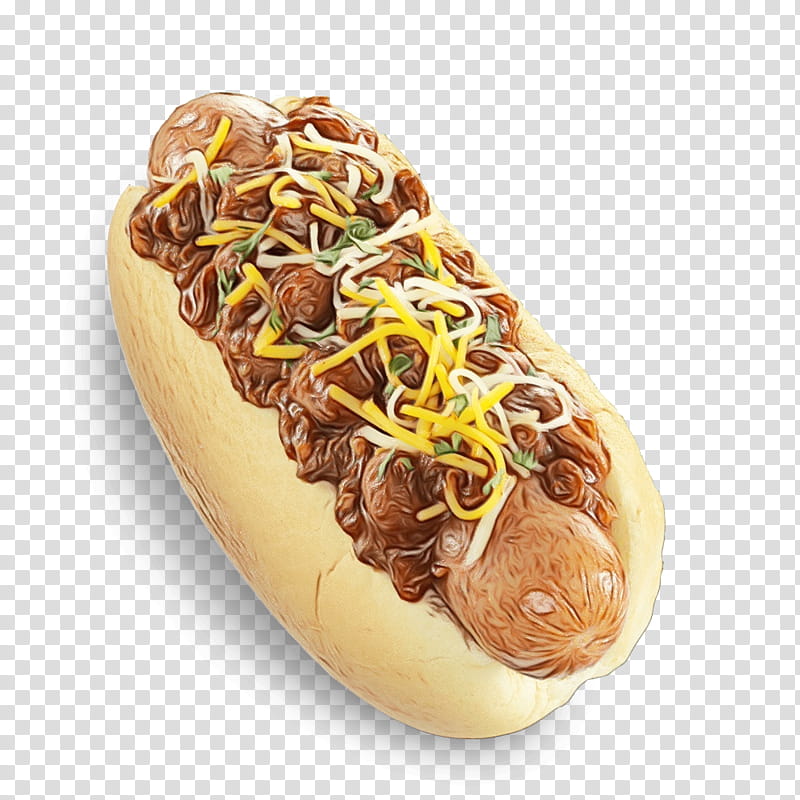 food fast food dish sausage bun cuisine, Watercolor, Paint, Wet Ink, Ingredient, Chili Dog, Hot Dog, Hot Dog Bun transparent background PNG clipart