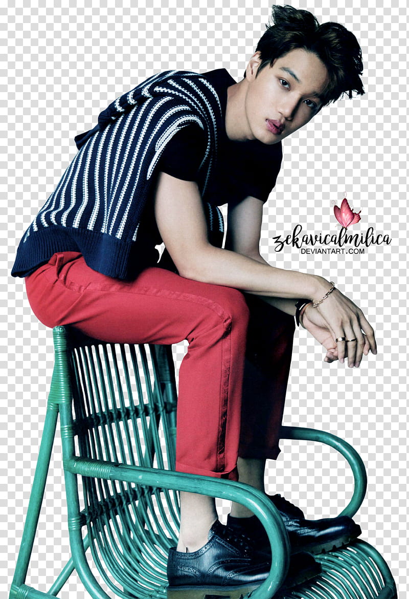 EXO Kai Vogue, man sitting on green rattan chair backrest transparent background PNG clipart