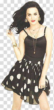 Elosin Michalka , smiling Katy Perry wearing black and white polka-dot spaghetti strap minidress transparent background PNG clipart