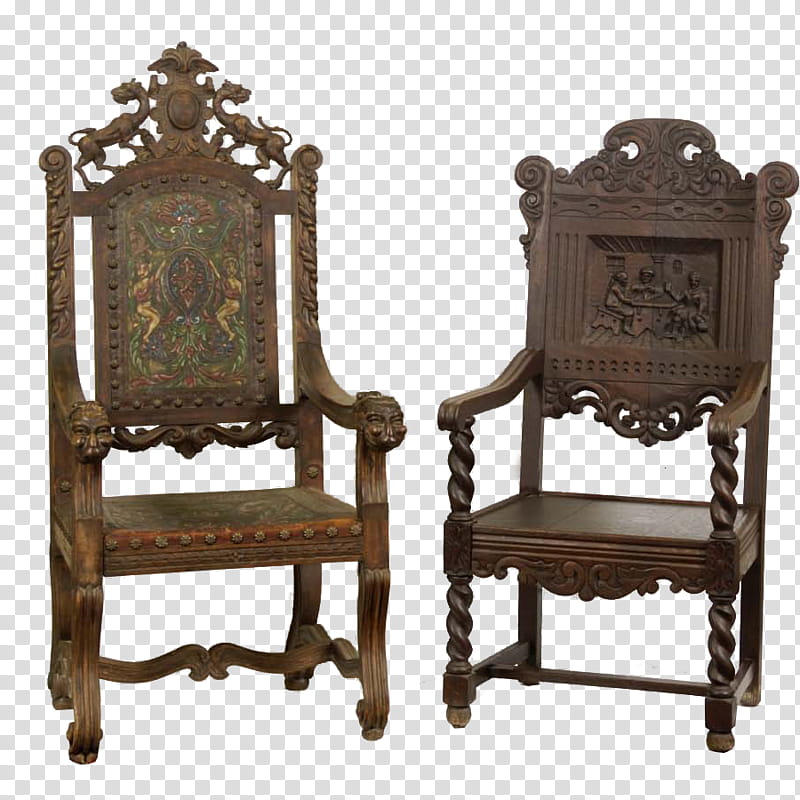 antique chairs, two brown wooden armchairs transparent background PNG clipart
