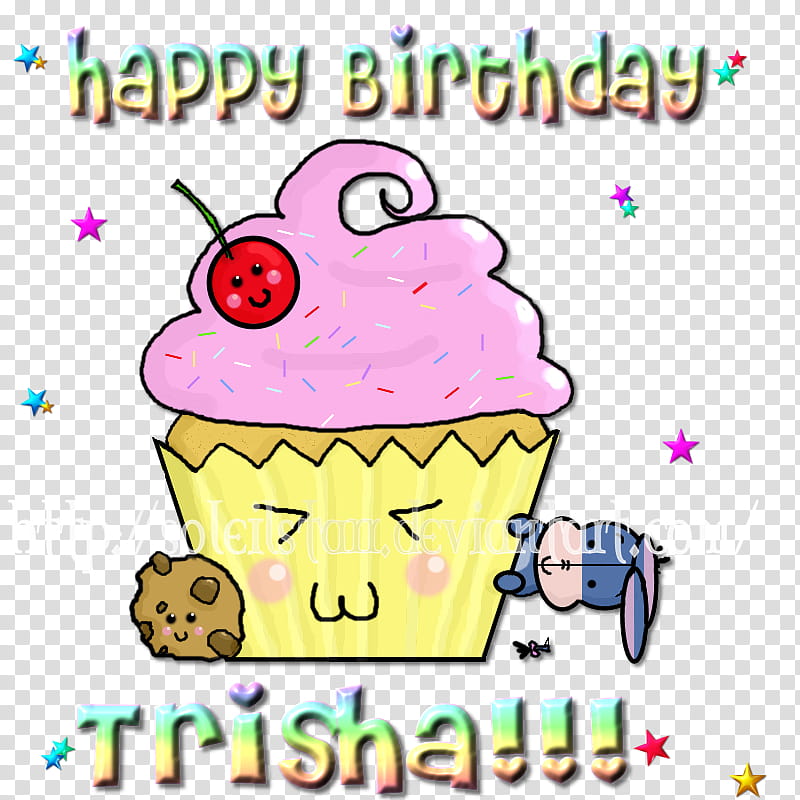 Happy Birthday Trisha, cupcake background cartoon with happy birthday trisha greetings text overlay transparent background PNG clipart