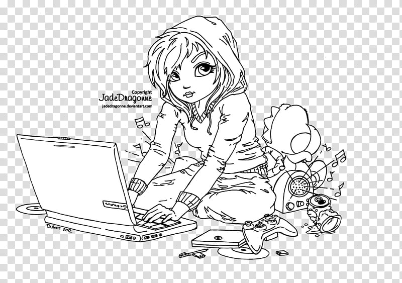 Cute Geek, Lineart, woman using laptop transparent background PNG clipart