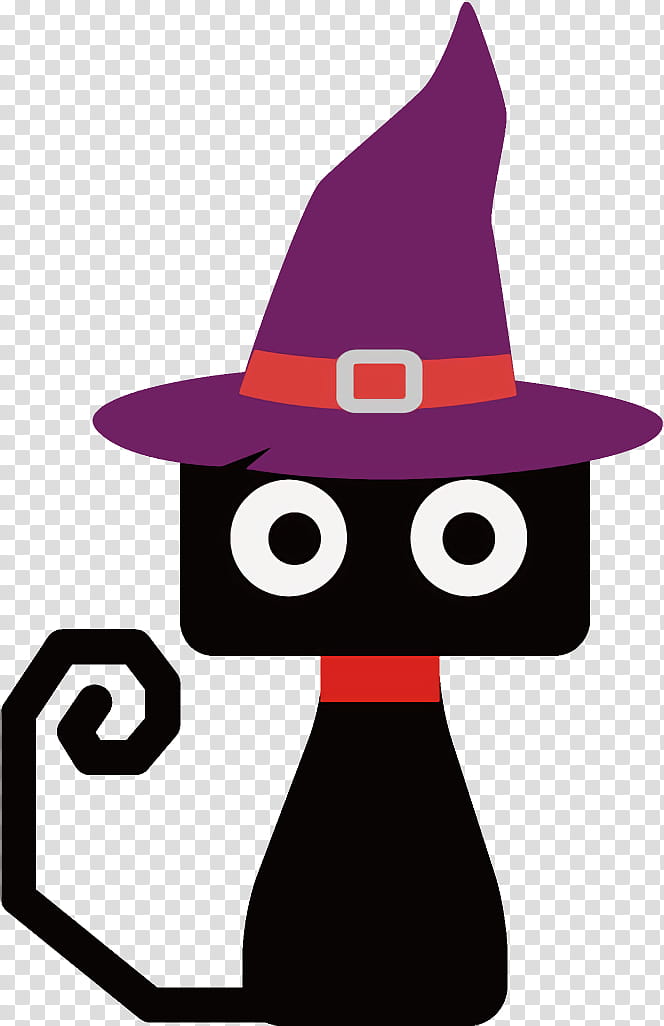 black cat halloween cat, Halloween , Witch Hat, Cartoon, Violet, Purple, Costume Hat, Headgear transparent background PNG clipart
