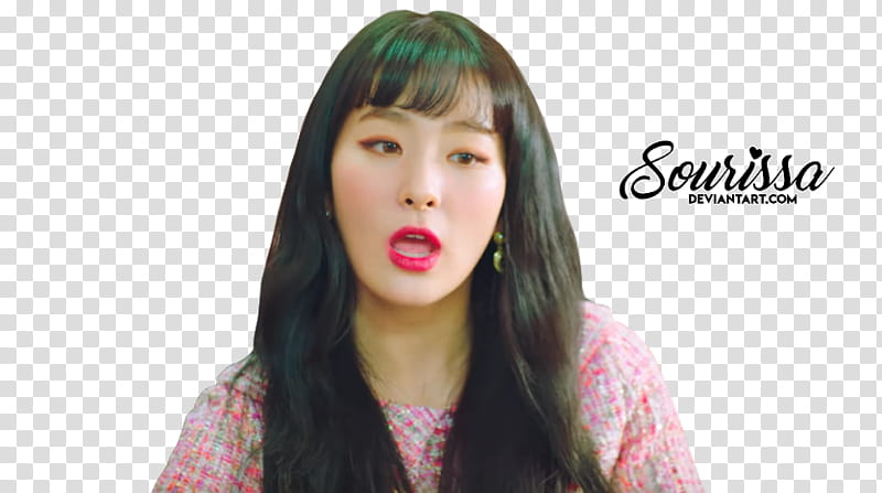 MOONBYUL AND SEULGI, woman in pink and green top opening her mouth transparent background PNG clipart