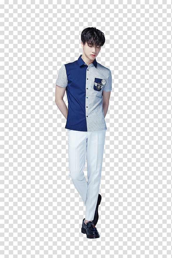 iKON Smart P, standing man wearing blue and white button-up collared shirt transparent background PNG clipart