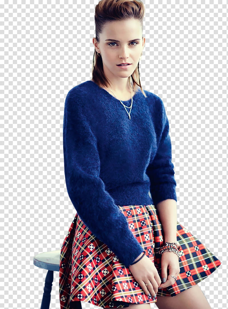 Emma Watson, woman wearing blue sweater and red, white, and black plaid skirt transparent background PNG clipart