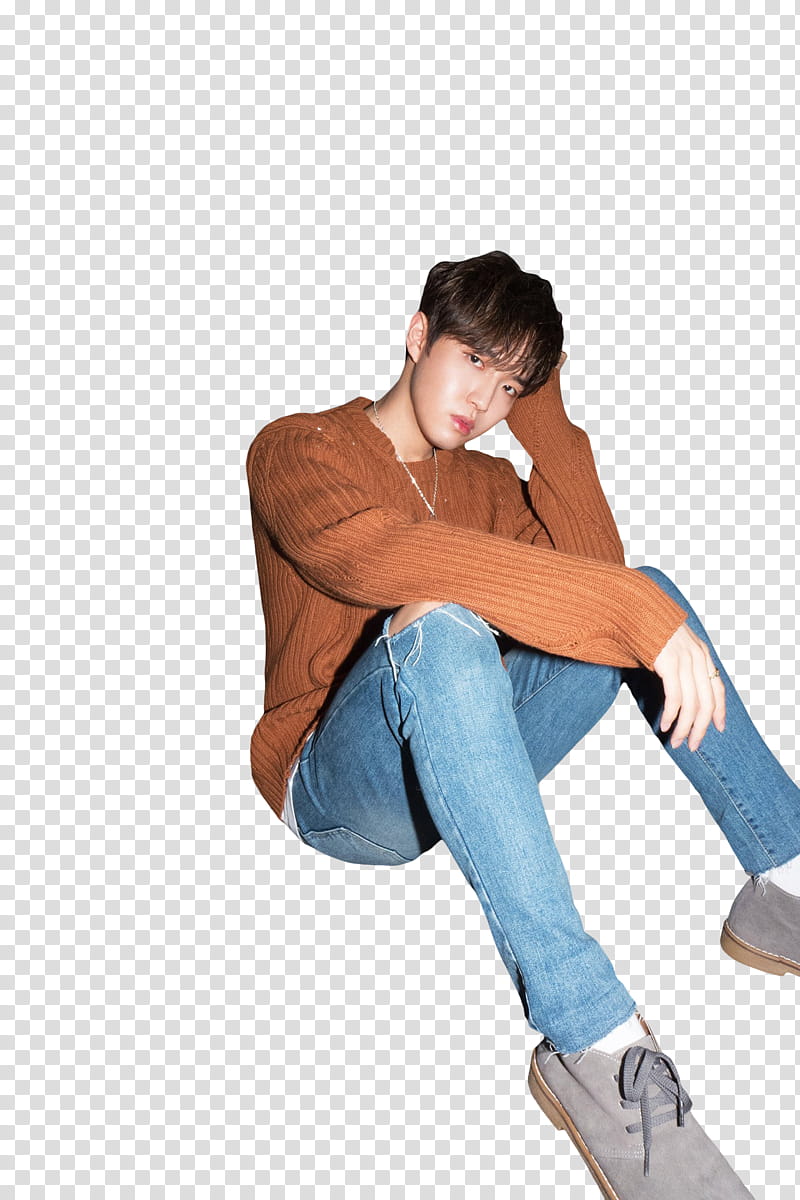 WANNA ONE NOTHING WITHOUT YOU, man wearing brown sweater and distressed blue denim jeans transparent background PNG clipart
