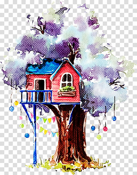 watercolor paint tree tree house house paint, Plant, Drawing transparent background PNG clipart