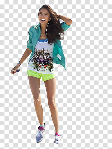 Nina Dobrev, smiling woman wearing teal and white shirt and green short shorts illustration transparent background PNG clipart