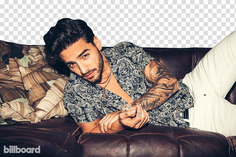 MALUMA, man wearing black and white floral shirt and white bottoms lying on sofa transparent background PNG clipart