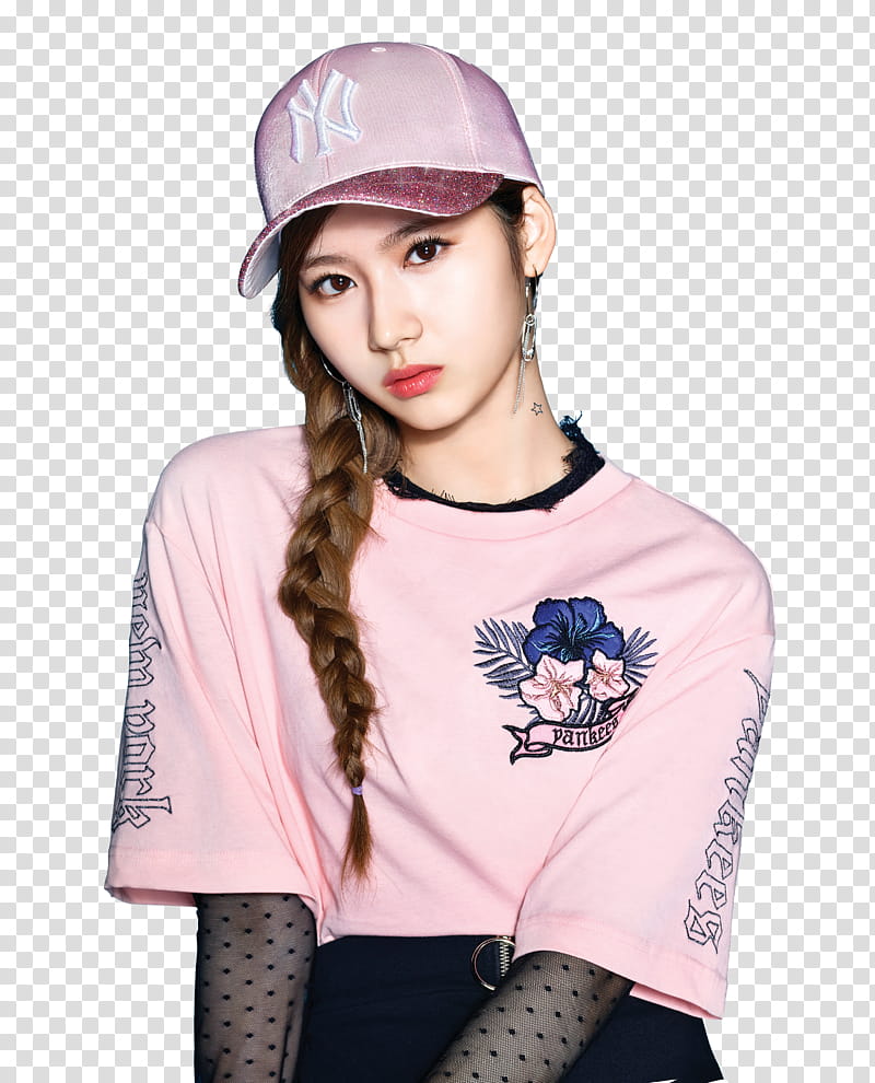 Twice, woman wearing pink cap with embroidered New York Yankees logo transparent background PNG clipart
