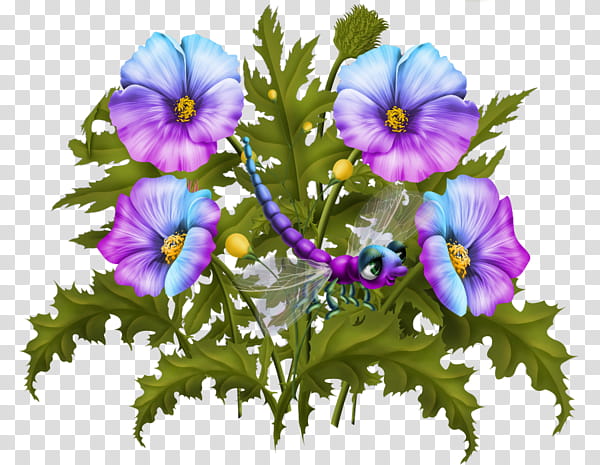 Flowers Celiuska, blue and purple petaled flower with dragonfly art transparent background PNG clipart