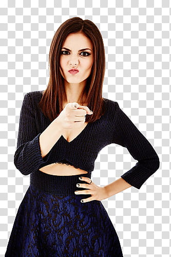 Victoria Justice Singua editions, woman wearing black crop top while pointing transparent background PNG clipart