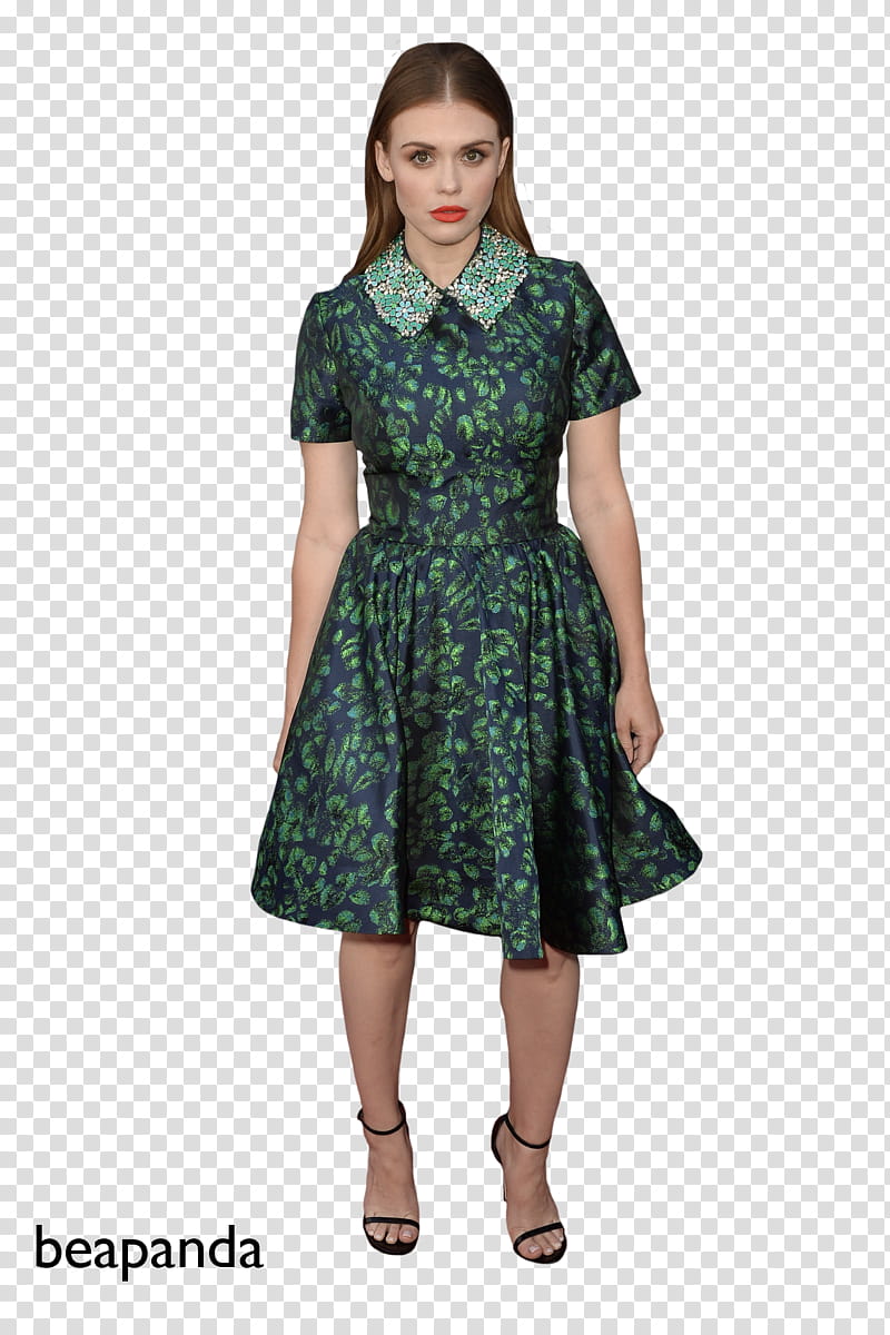 Holland Roden, standing woman wearing green and black floral collared dress transparent background PNG clipart