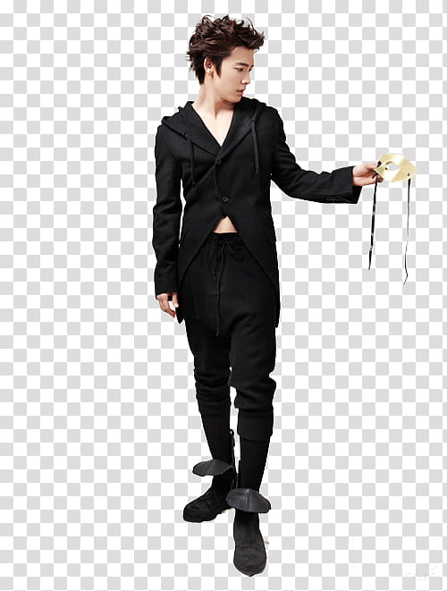 DongHae from magazine cutting, man in black top and pants looking at mask transparent background PNG clipart