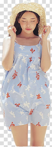 woman in red and blue floral dress holding sun hat transparent background PNG clipart