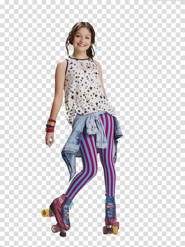 OO Soy Luna, standing woman wearing white and black star print sleeveless top and pink roller skates transparent background PNG clipart