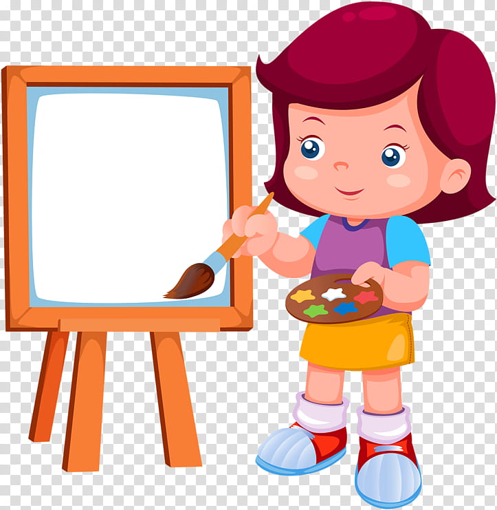 Color image of cartoon easel with children's drawing on white