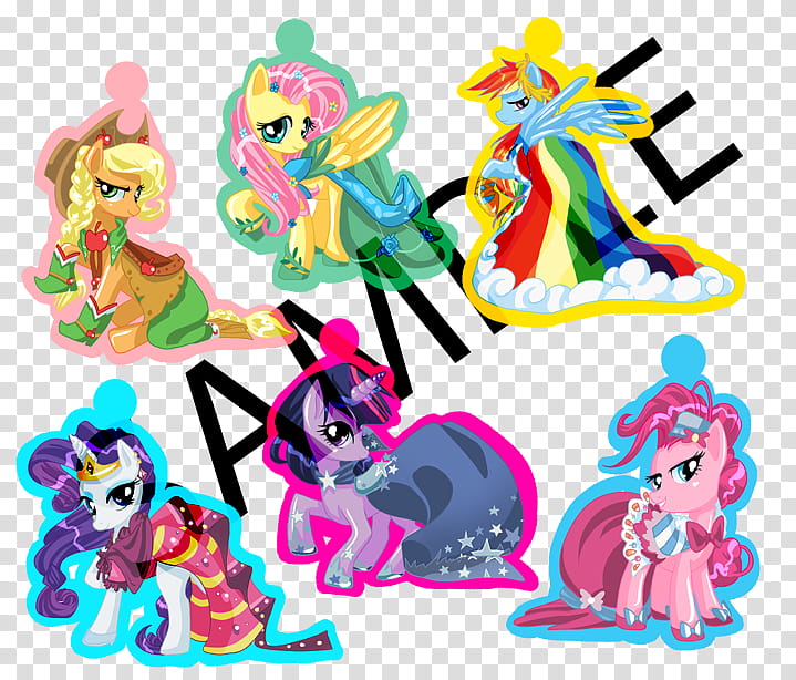 MLP FIM~Mane ~Grand Galloping Gala key chain set, six colorful My Little Pony stickers transparent background PNG clipart