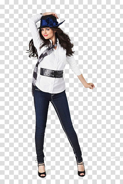 Selena Gomez S, woman wearing white dress shirt and blue denim skinny jeans while holding hat on her head illustration transparent background PNG clipart