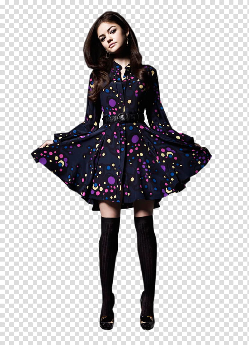 Lucy Hale, woman wearing multicolored polka-dot dress transparent background PNG clipart