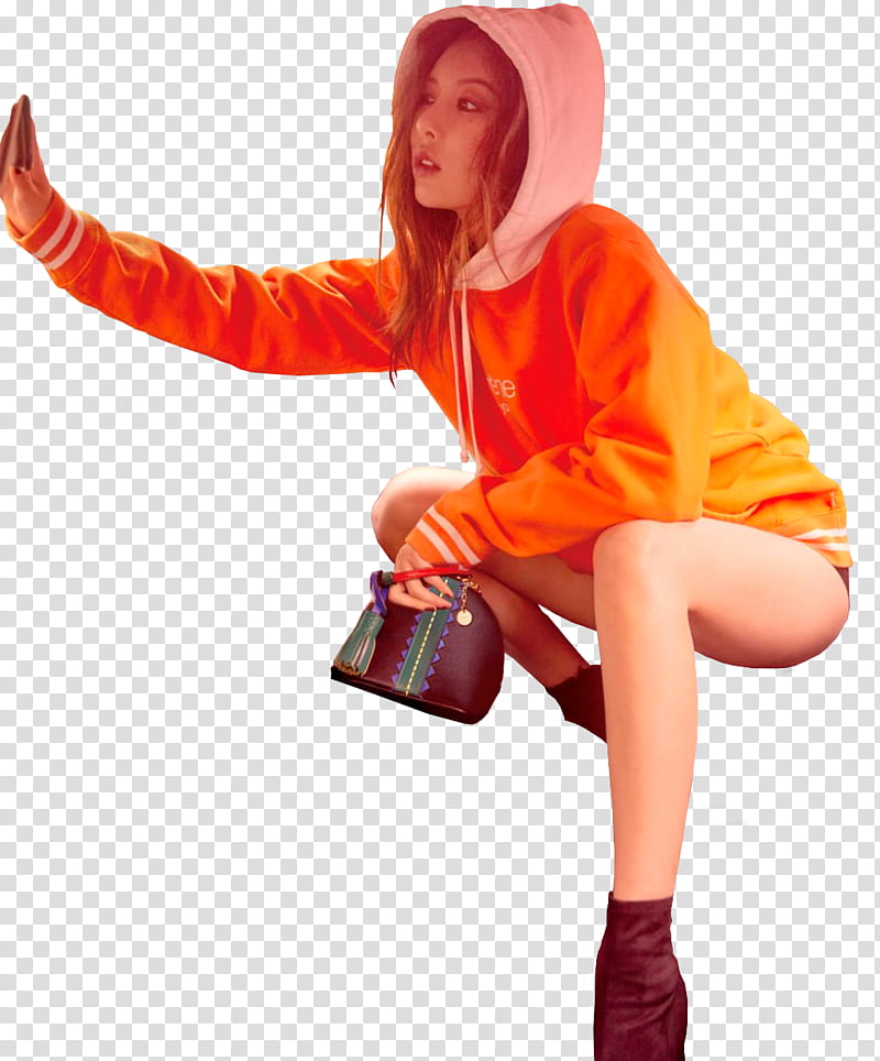 Minute Hyuna , woman wearing orange pullover hoodie holding leather bag transparent background PNG clipart