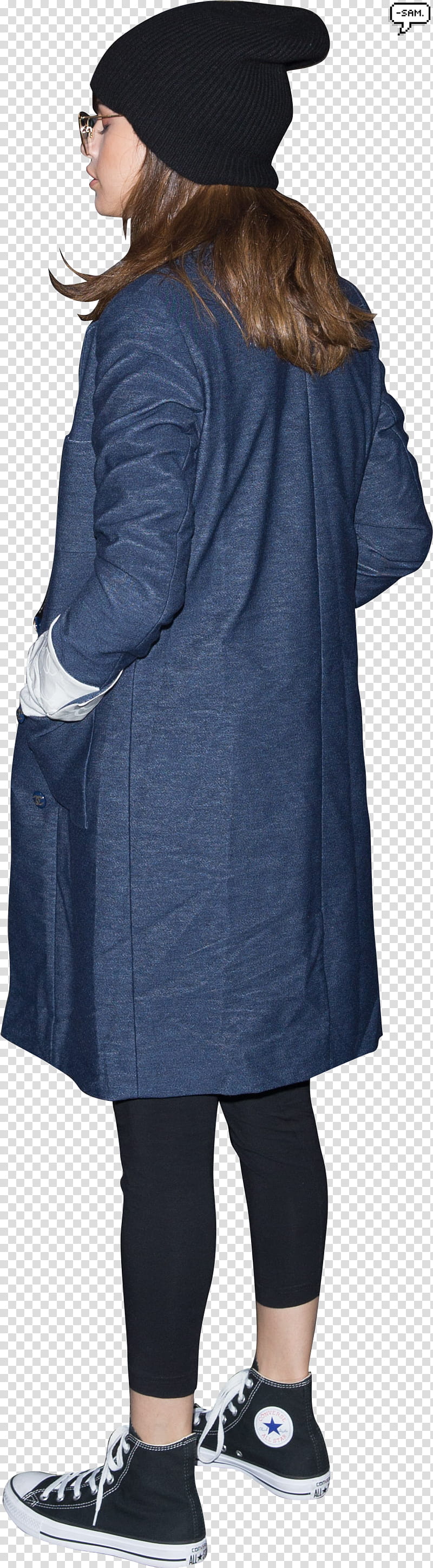 Selena Gomez, woman facing backward wearing coat, leggings, beanie, and sneakers transparent background PNG clipart
