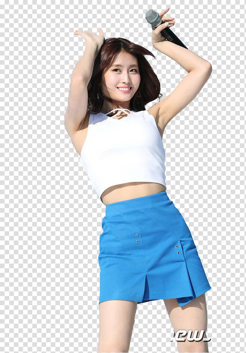 RENDER TWICE MOMO  S, woman wearing white sleeveless crop top and blue mini skirt holding microphone transparent background PNG clipart