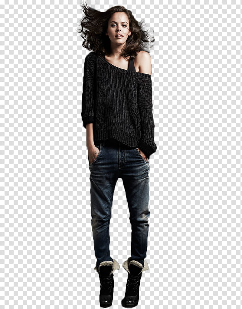 Atlanta, woman in black tank top, black sweater and blue denim jeans transparent background PNG clipart